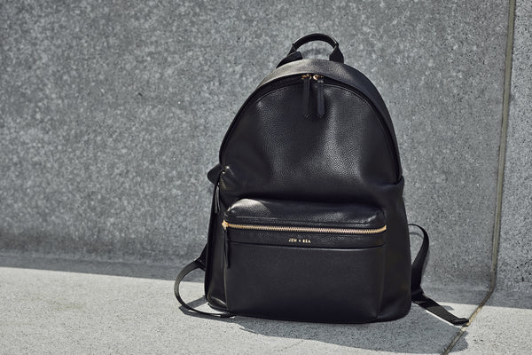 JEM + BEA Jamie backpack Leather black. Modern stylish changing bags and accessories. UK stockist. Free shipping. Discount when subscribe for newsletter.