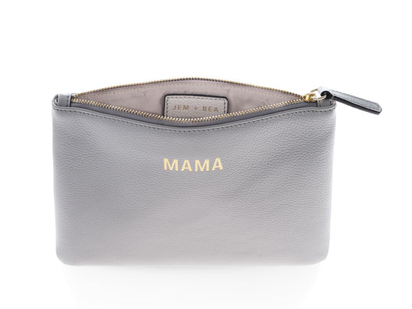 JEM + BEA Mama clutch grey white leather. Modern stylish changing bags and accessories. UK stockist. Free shipping. Discount when subscribe for newsletter.
