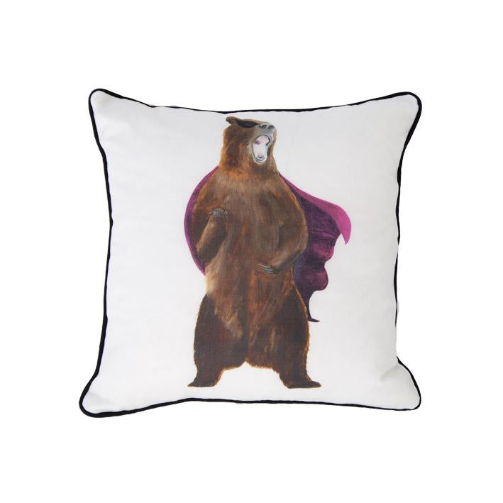 Be the Bear animal print cushion by independent British brand Wild Hearts Wonder featuring a fearsome bear on the front and animal print on the reverse