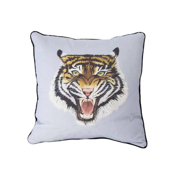 Wild tiger print cushion in grey and blue by independent British brand Wild Hearts Wonder featuring tiger print on the front and animal spot print on the reverse