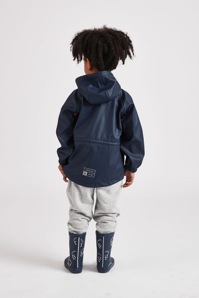 Boys Navy Rainster waterproof jacket by British brand Grass & Air - modern, stylish rainwear for kids