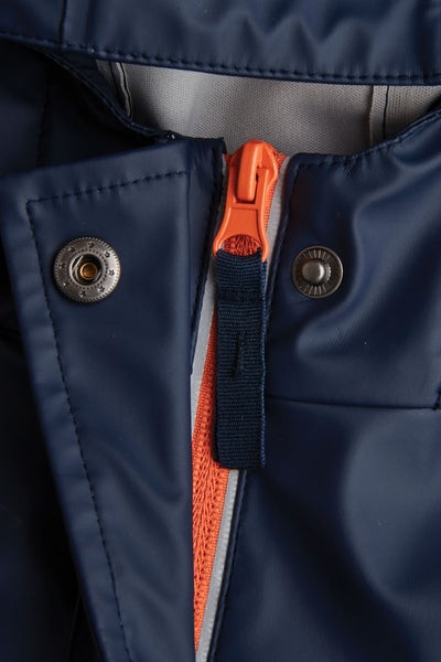 Boys Navy Rainster waterproof jacket by British brand Grass & Air - modern, stylish rainwear for kids