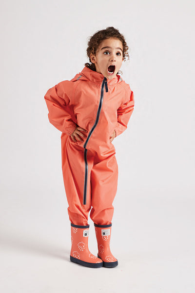 Coral Stomper Suit waterproof puddle suit by British brand Grass & Air - modern, stylish rainwear for kids