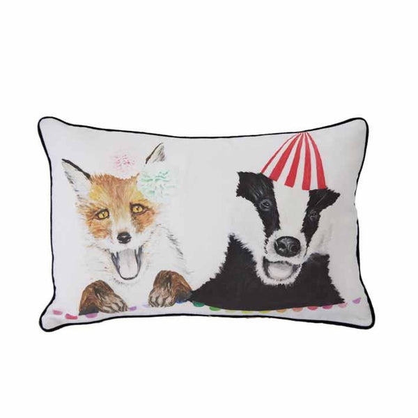 Fox and Badger print cushion by independent British brand Wild Hearts Wonder featuring hand drawn fox and badger print on the front and animal spot print on the reverse