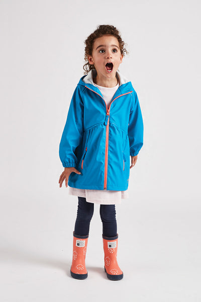 Girls Turquoise Rainster waterproof jacket by British brand Grass & Air - modern, stylish rainwear for kids