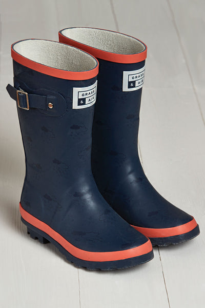 Navy and Coral Wellies by British brand Grass & Air - modern, stylish rainwear for kids
