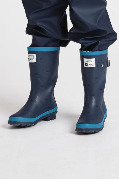 Navy and Turquoise Wellies by British brand Grass & Air - modern, stylish rainwear for kids