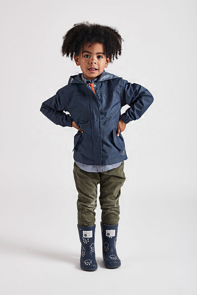 Navy Rain Cheater waterproof jacket by British brand Grass & Air - modern, stylish rainwear for kids