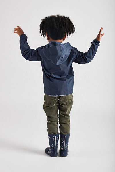 Navy Rain Cheater waterproof jacket by British brand Grass & Air - modern, stylish rainwear for kids