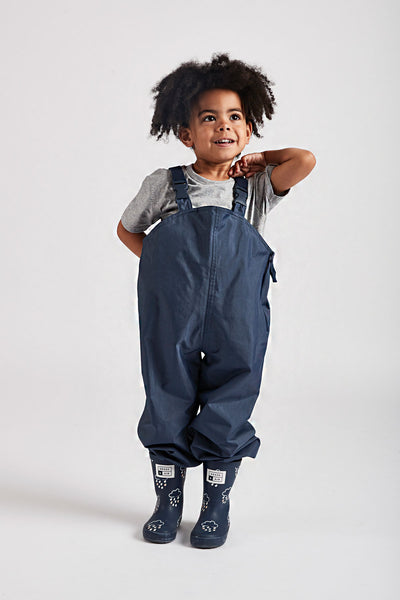 Navy Stomper Slacks waterproof wader trousers by British brand Grass & Air - modern, stylish rainwear for kids