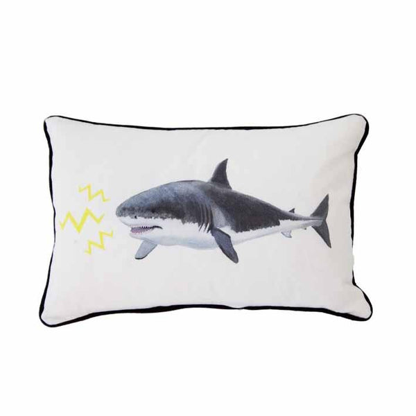 Shark print cushion by independent British brand Wild Hearts Wonder featuring hand drawn shark print on the front and animal spot print on the reverse